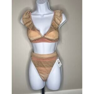 NWT WET Addyson Classic Bikini Swimwear Ruffle V-Neck Metallic Stripe Women's XS